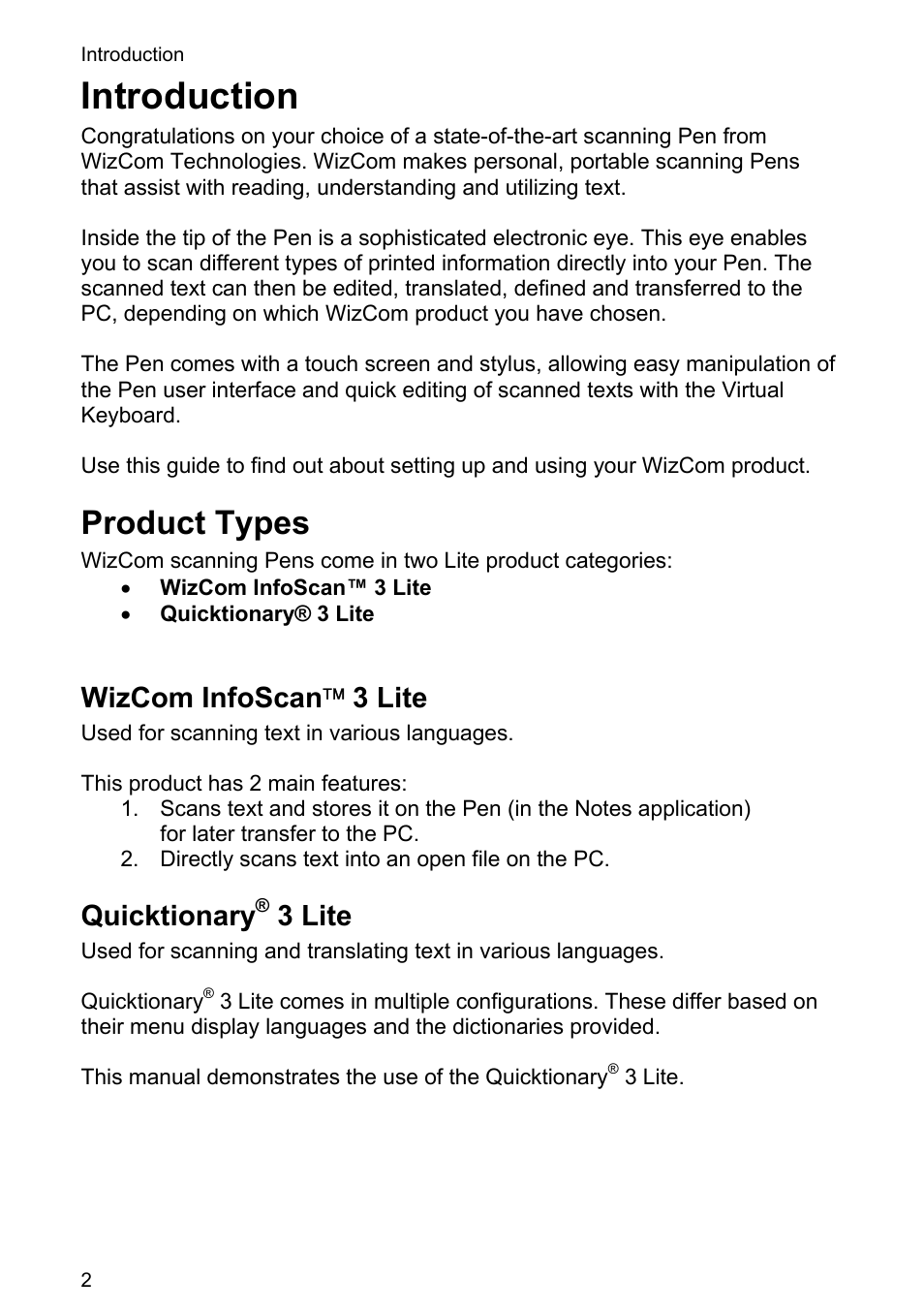 Introduction, Product types, Wizcom infoscan ™ 3 lite | Quicktionary, 3 lite | Wizcom Quicktionary 3 Lite User Manual | Page 2 / 21