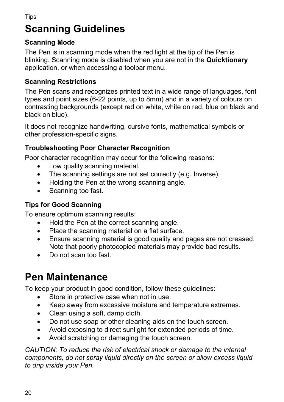 Scanning guidelines, Pen maintenance | Wizcom Quicktionary 3 Lite User Manual | Page 20 / 21
