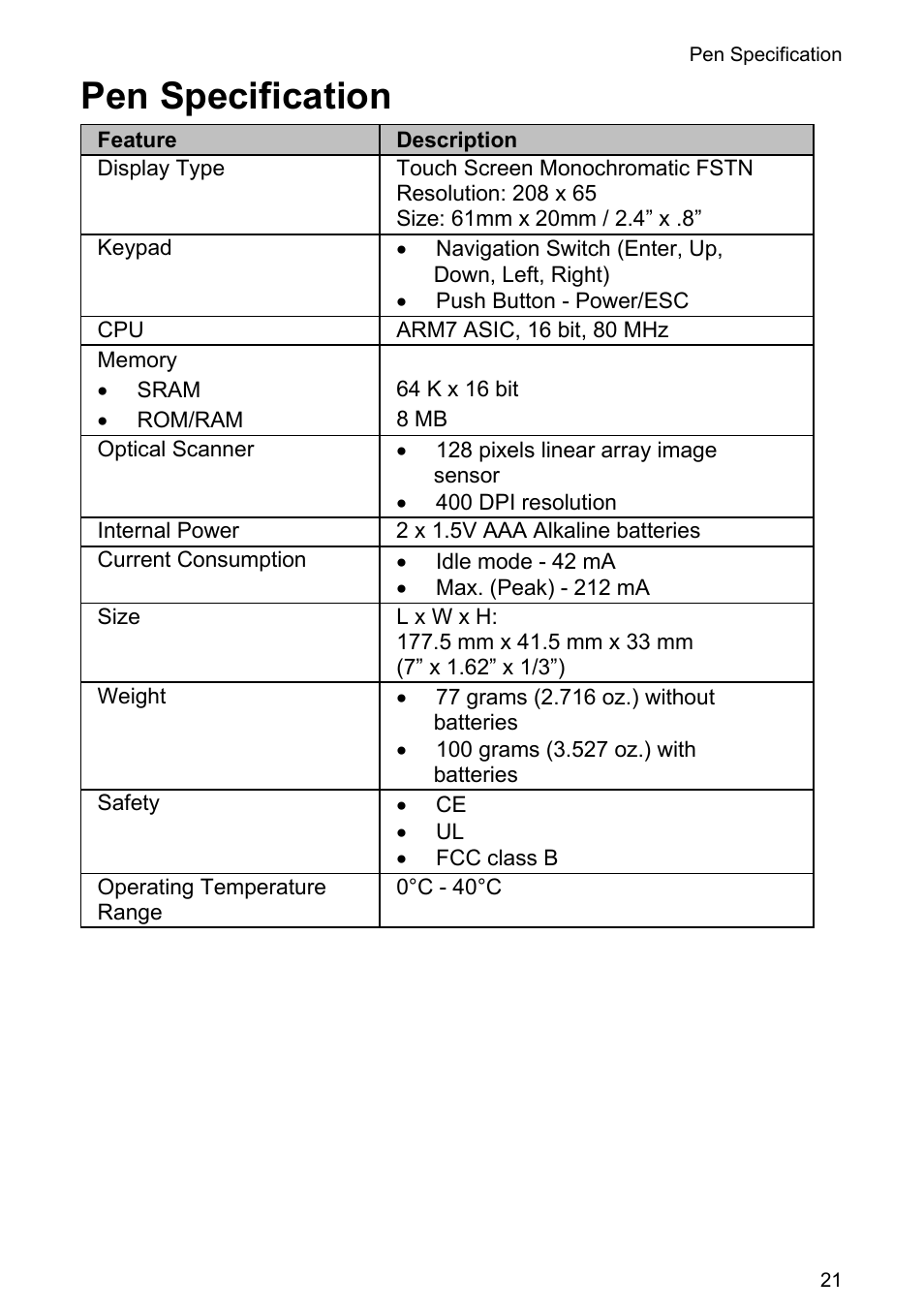 Pen specification | Wizcom Quicktionary 3 Lite User Manual | Page 21 / 21