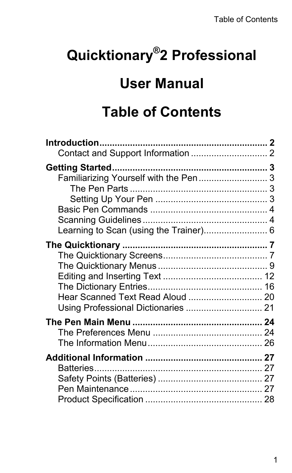 Wizcom Quicktionary 2 Professional User Manual | 28 pages