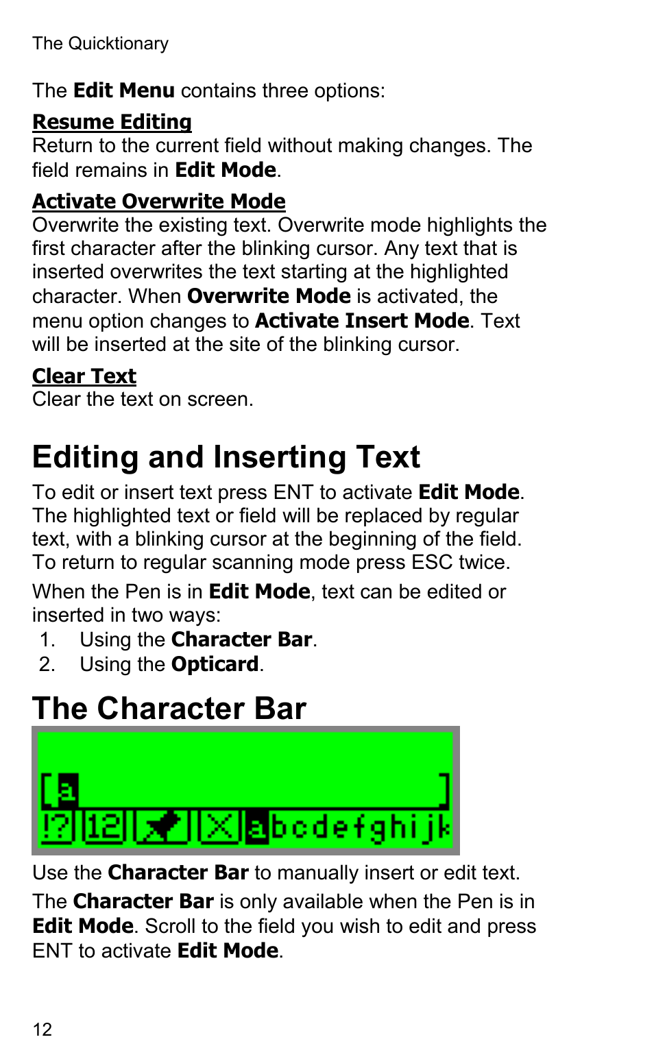 Editing and inserting text, The character bar | Wizcom Quicktionary 2 Professional User Manual | Page 12 / 28