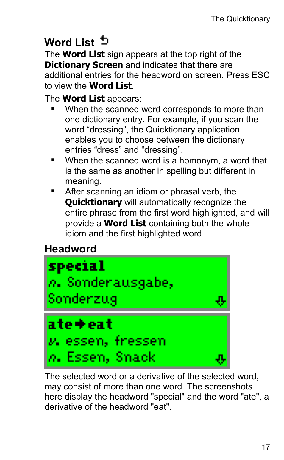 Word list, Headword | Wizcom Quicktionary 2 Professional User Manual | Page 17 / 28