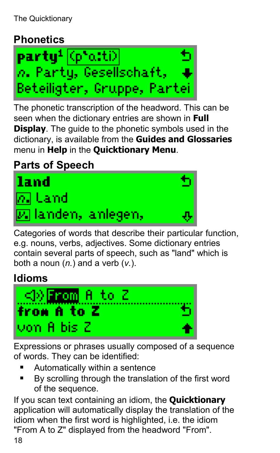 Phonetics, Parts of speech, Idioms | Wizcom Quicktionary 2 Professional User Manual | Page 18 / 28