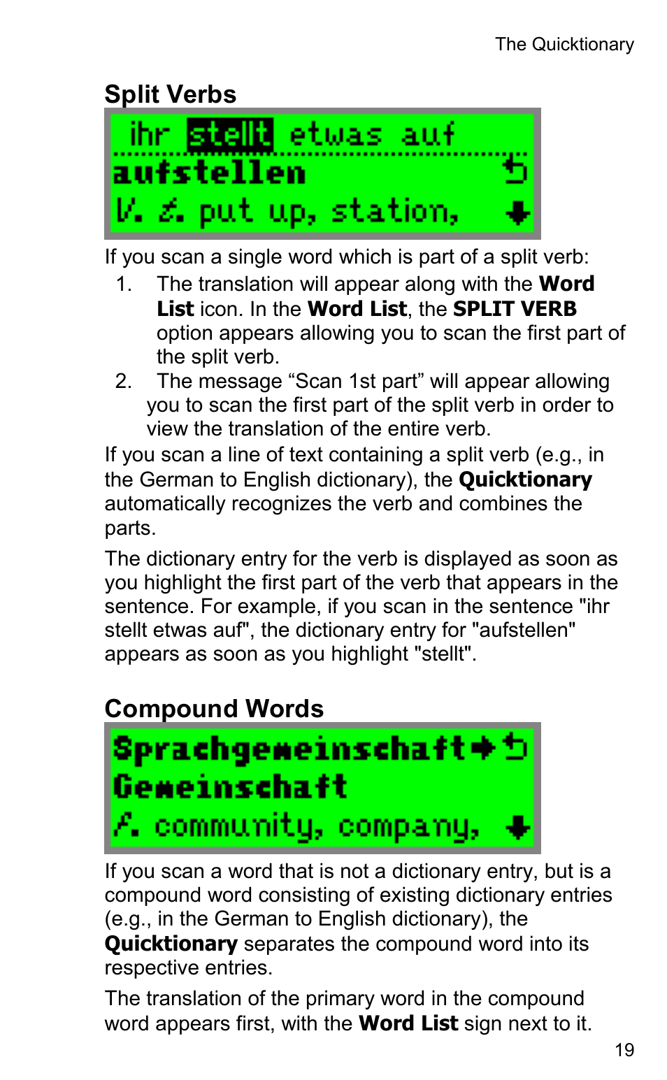 Split verbs, Compound words | Wizcom Quicktionary 2 Professional User Manual | Page 19 / 28