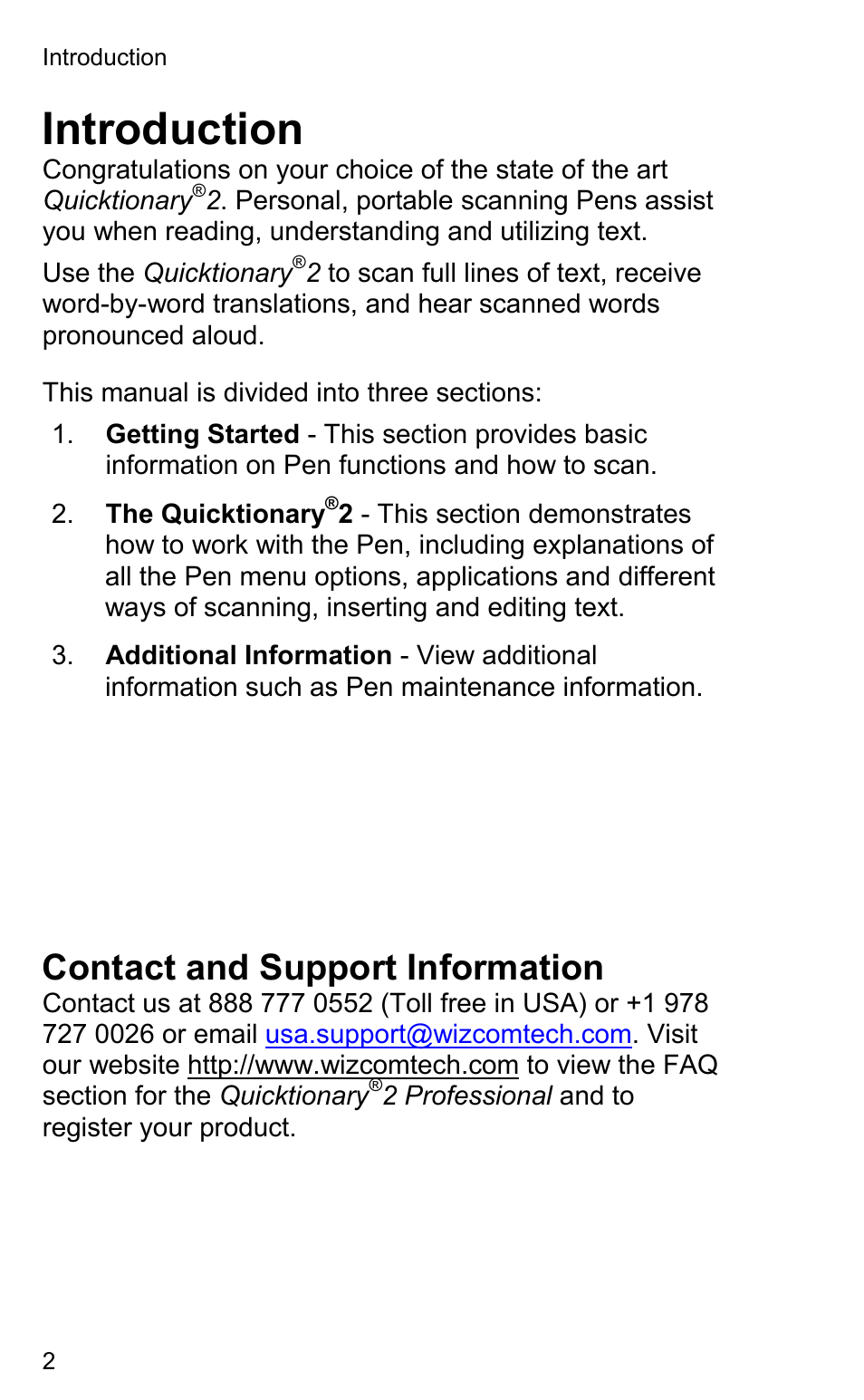 Introduction, Contact and support information | Wizcom Quicktionary 2 Professional User Manual | Page 2 / 28