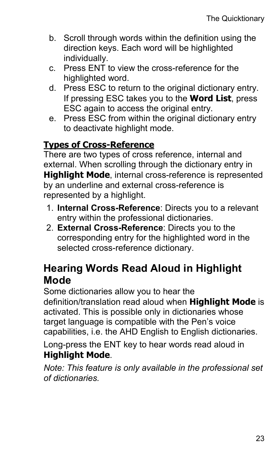 Hearing words read aloud in highlight mode | Wizcom Quicktionary 2 Professional User Manual | Page 23 / 28