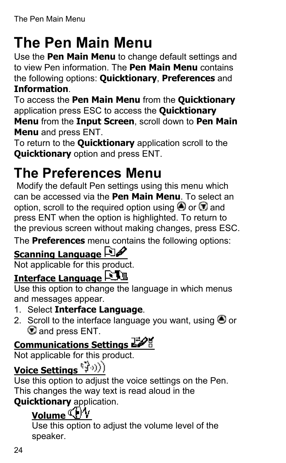 The pen main menu, The preferences menu | Wizcom Quicktionary 2 Professional User Manual | Page 24 / 28