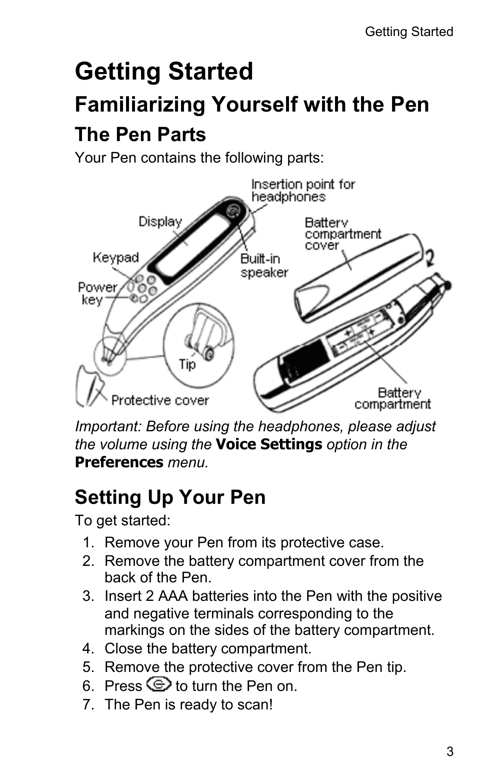 Getting started, Familiarizing yourself with the pen, The pen parts | Setting up your pen | Wizcom Quicktionary 2 Professional User Manual | Page 3 / 28