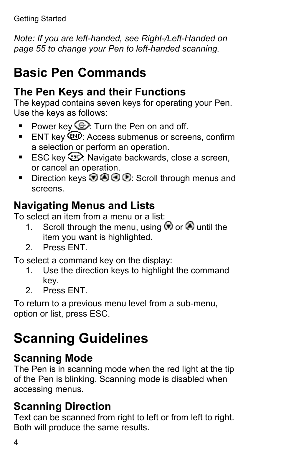 Scanning guidelines, Basic pen commands | Wizcom Quicktionary 2 Professional User Manual | Page 4 / 28