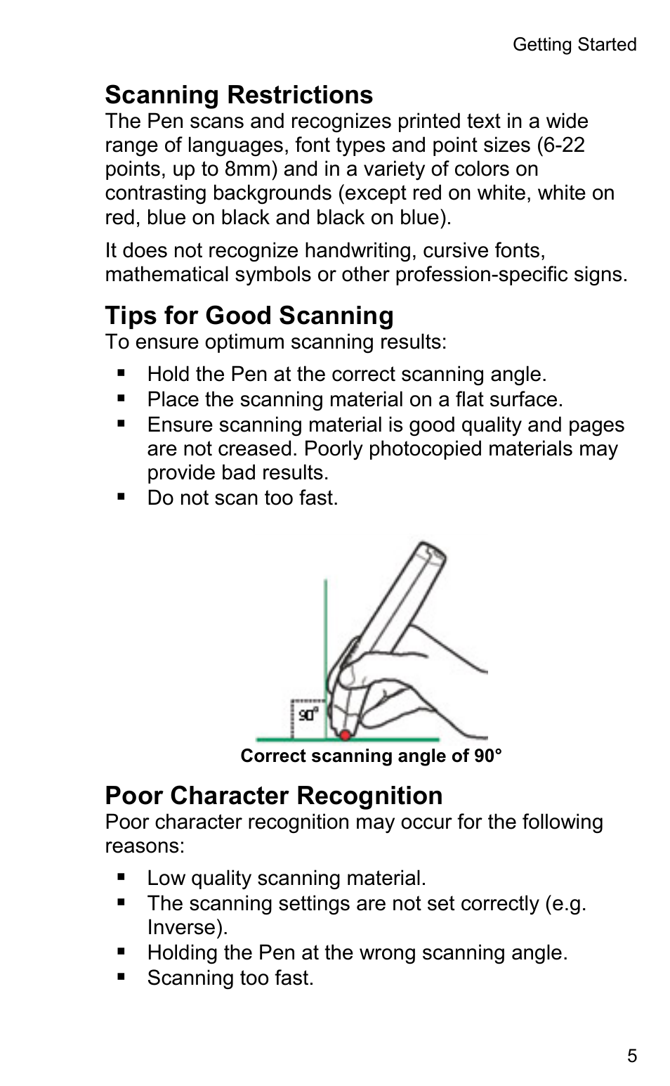 Scanning restrictions, Tips for good scanning, Poor character recognition | Wizcom Quicktionary 2 Professional User Manual | Page 5 / 28