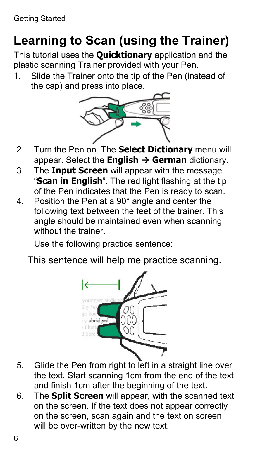 Learning to scan (using the trainer) | Wizcom Quicktionary 2 Professional User Manual | Page 6 / 28