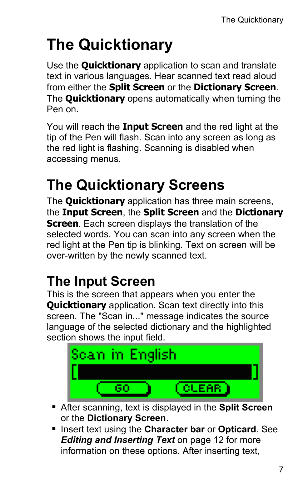 The quicktionary, The quicktionary screens, The input screen | Wizcom Quicktionary 2 Professional User Manual | Page 7 / 28