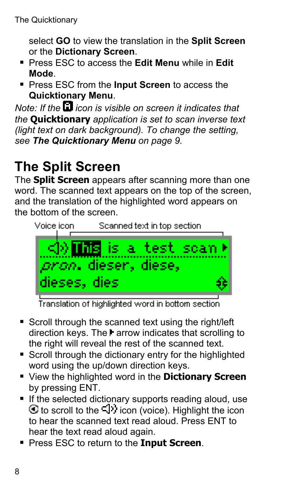 The split screen | Wizcom Quicktionary 2 Professional User Manual | Page 8 / 28