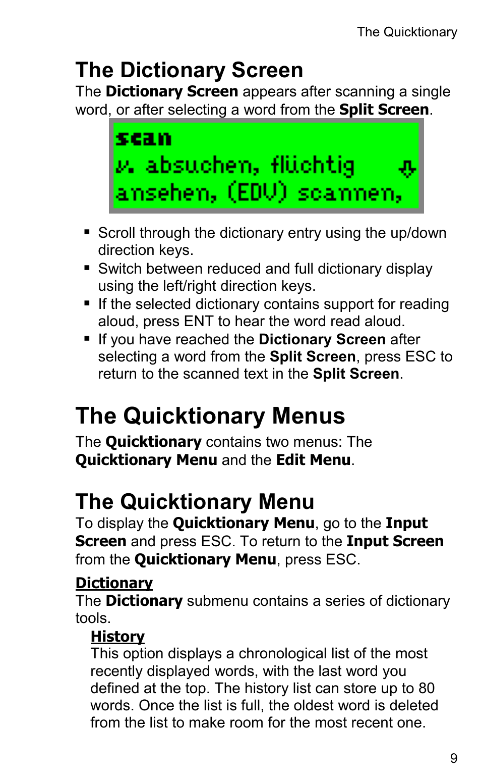 The quicktionary menus, The dictionary screen, The quicktionary menu | Wizcom Quicktionary 2 Professional User Manual | Page 9 / 28