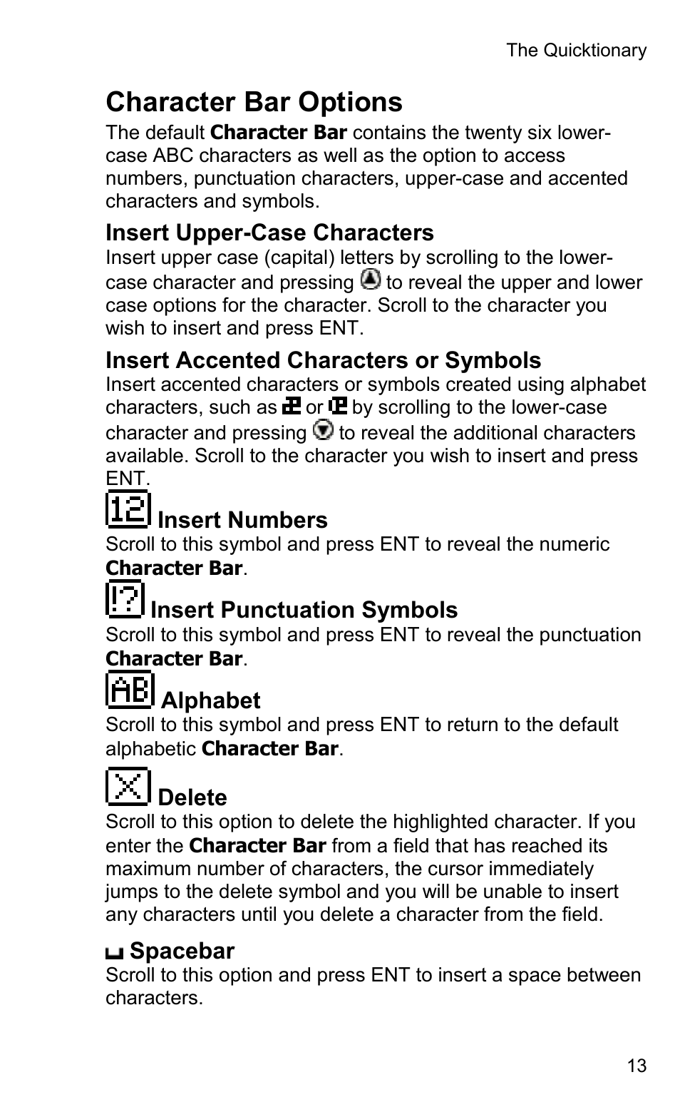 Character bar options | Wizcom Quicktionary 2 User Manual | Page 13 / 25