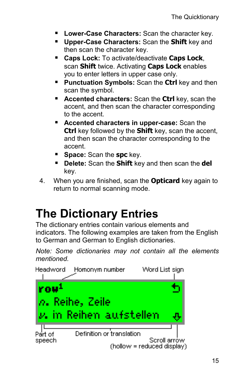 The dictionary, Entries | Wizcom Quicktionary 2 User Manual | Page 15 / 25