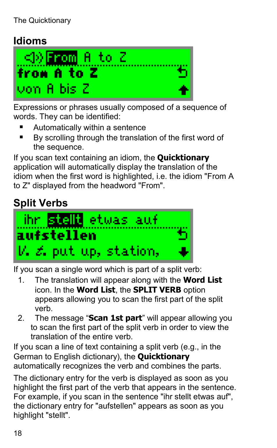 Idioms, Split verbs | Wizcom Quicktionary 2 User Manual | Page 18 / 25