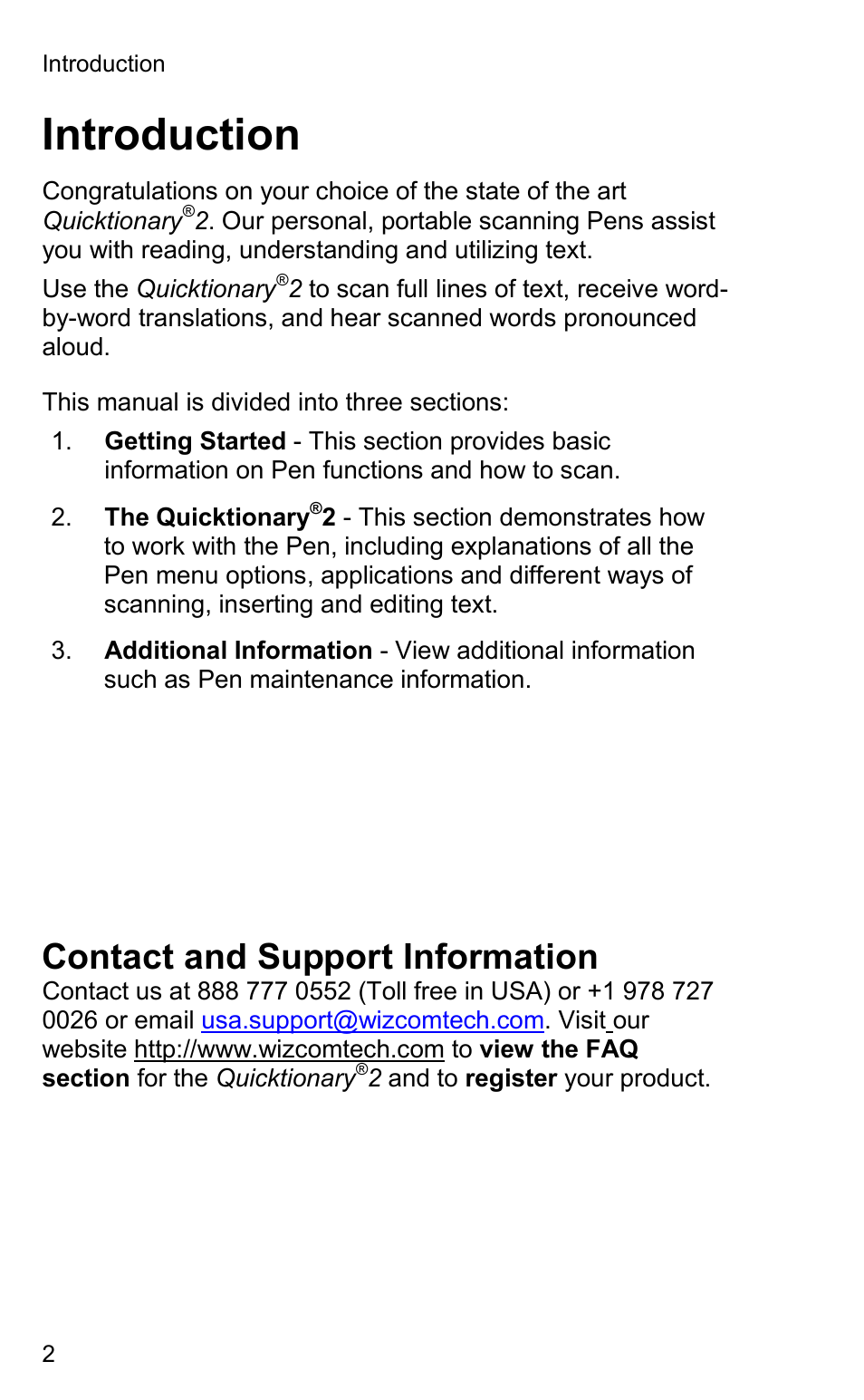 Introduction, Contact and support information | Wizcom Quicktionary 2 User Manual | Page 2 / 25