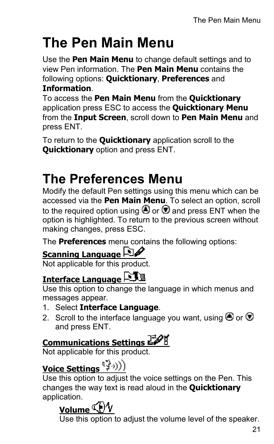 The pen main menu, The preferences menu | Wizcom Quicktionary 2 User Manual | Page 21 / 25