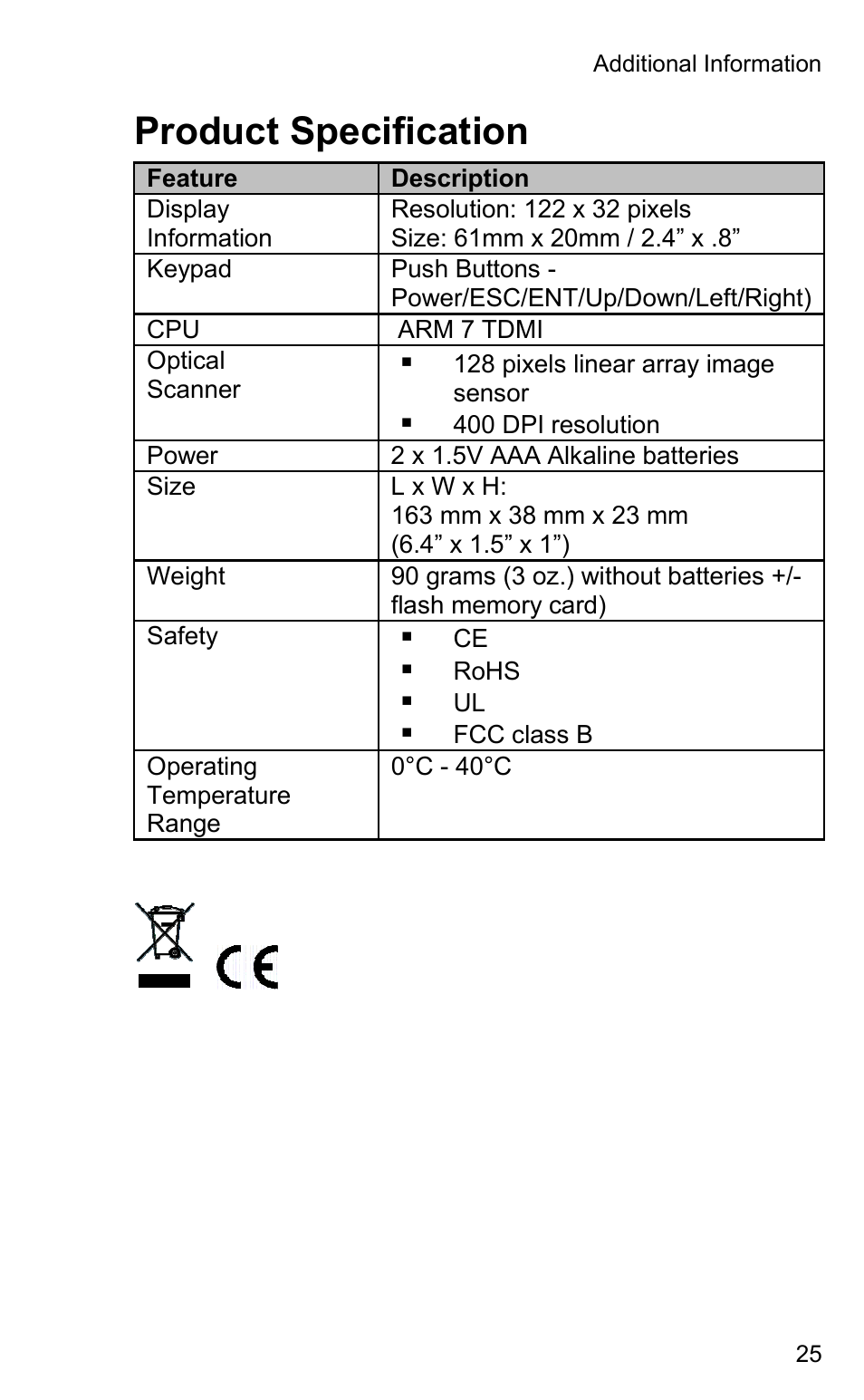 Product specification | Wizcom Quicktionary 2 User Manual | Page 25 / 25