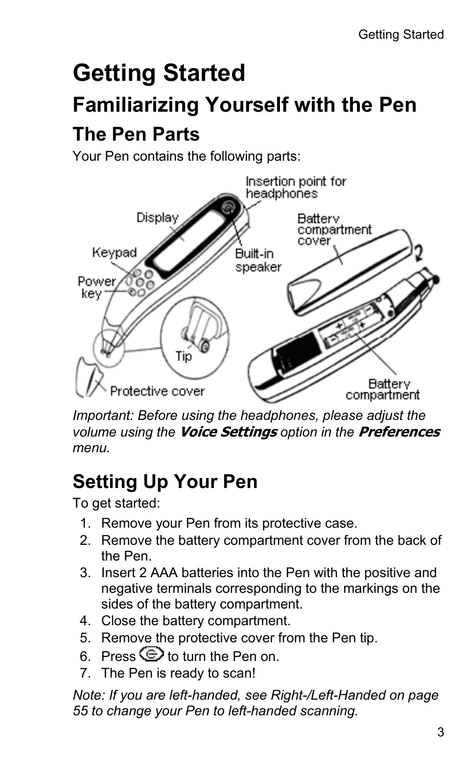 Getting started, Familiarizing yourself with the pen, The pen parts | Setting up your pen | Wizcom Quicktionary 2 User Manual | Page 3 / 25