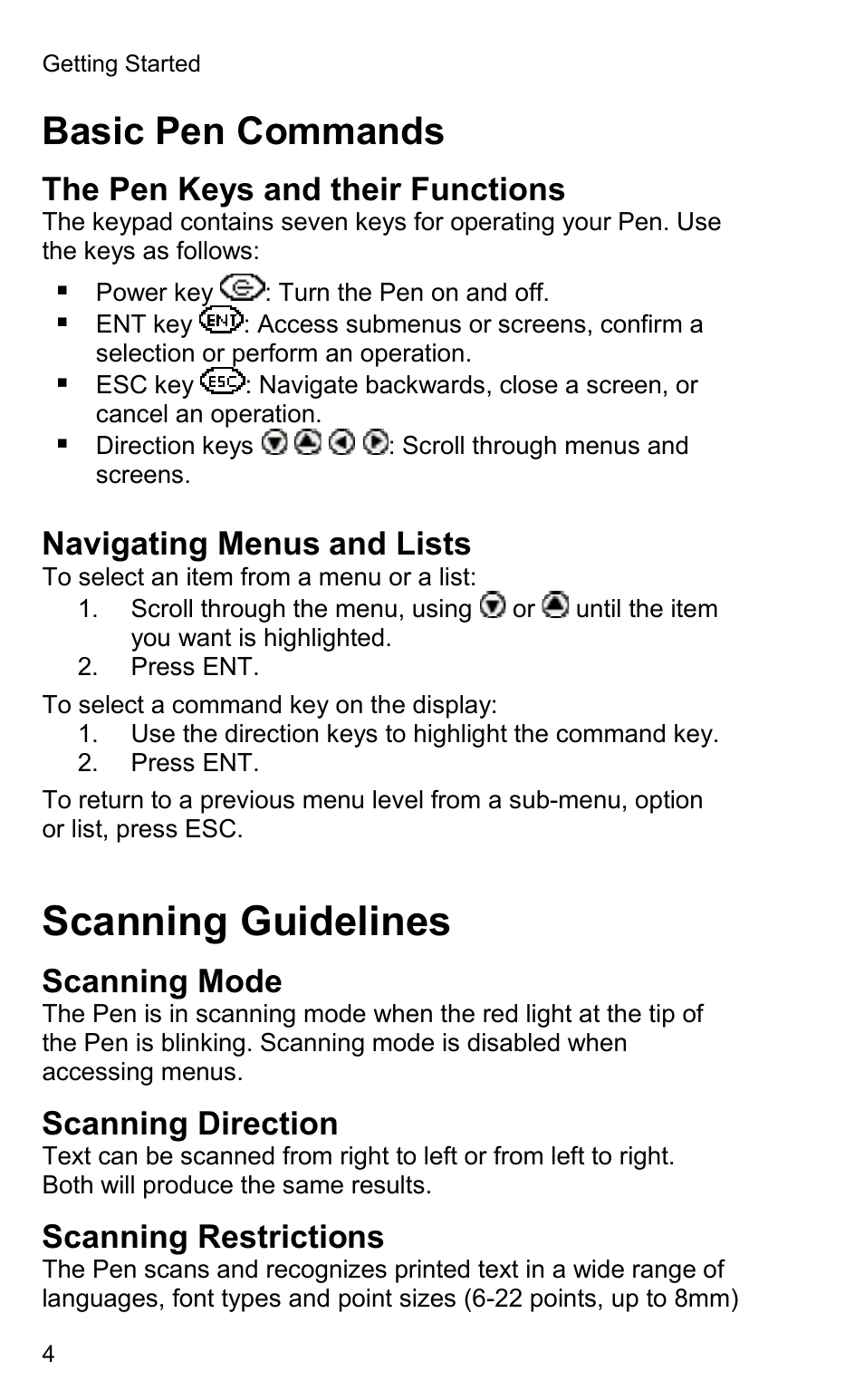 Scanning guidelines, Basic pen commands, The pen keys and their functions | Navigating menus and lists, Scanning mode, Scanning direction, Scanning restrictions | Wizcom Quicktionary 2 User Manual | Page 4 / 25