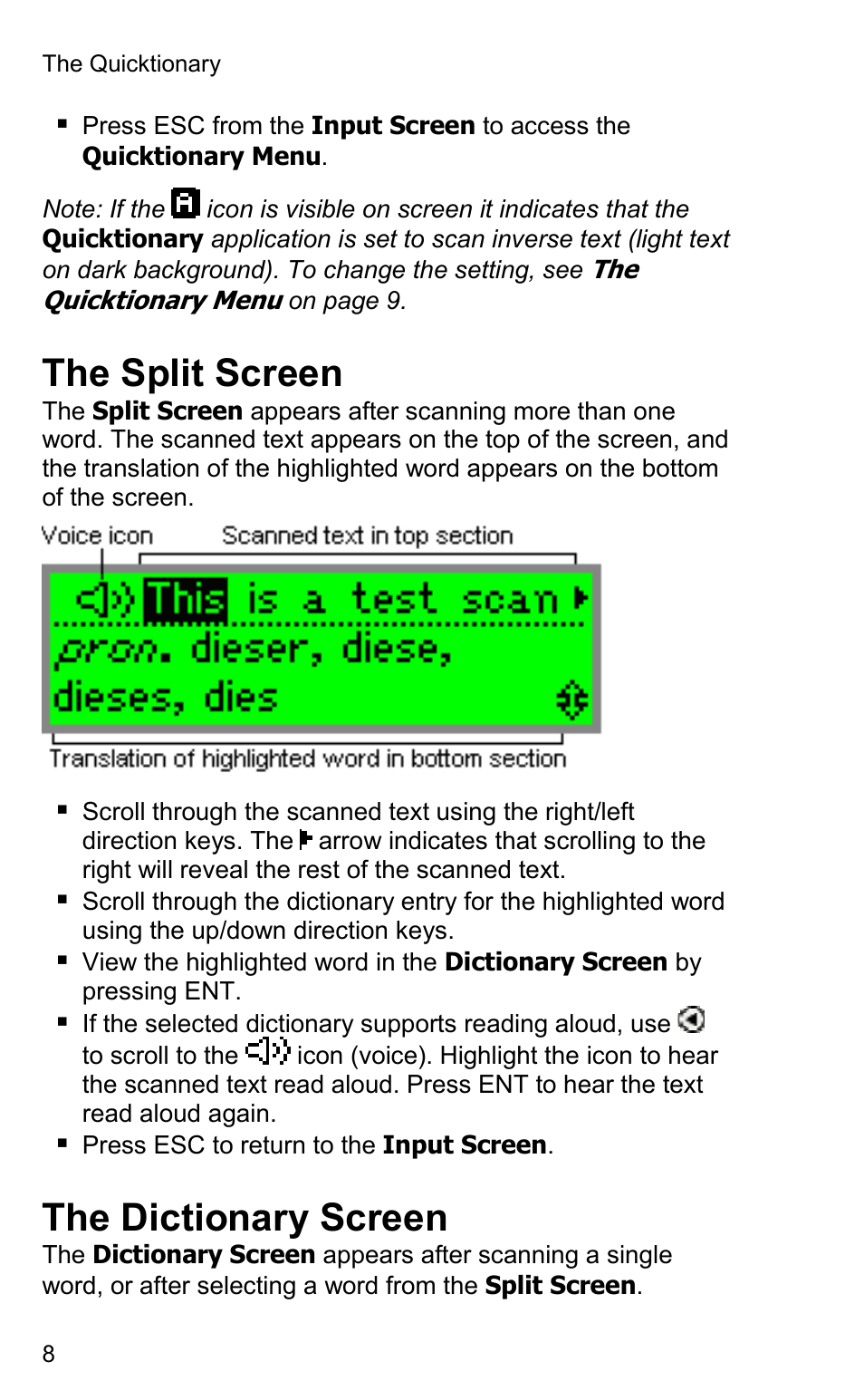 The split screen, The dictionary screen | Wizcom Quicktionary 2 User Manual | Page 8 / 25