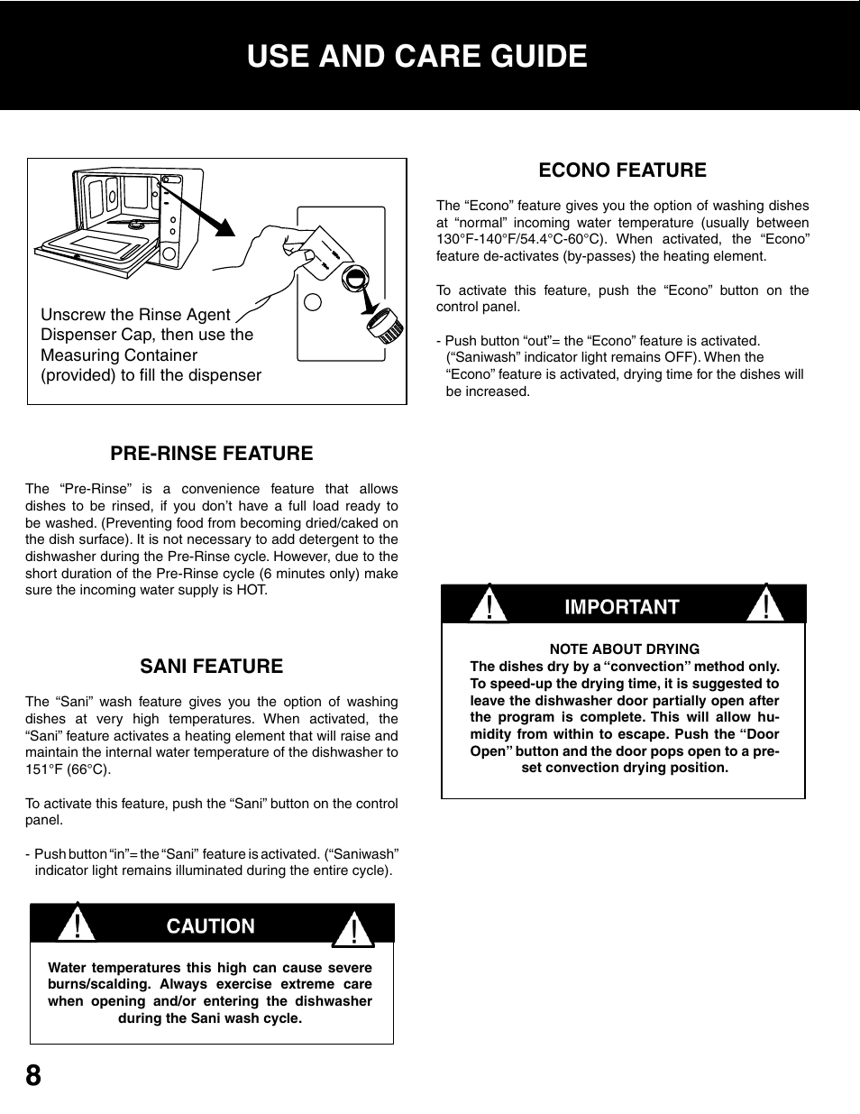 Use and care guide, Caution, Important | Pre-rinse feature, Sani feature, Econo feature | Westland Sales DWV303B User Manual | Page 10 / 14