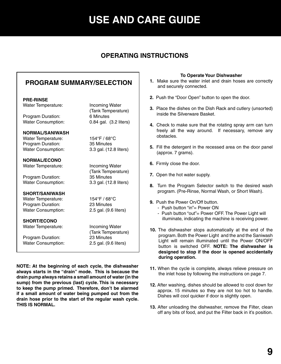 Use and care guide, Program summary/selection, Operating instructions | Westland Sales DWV303B User Manual | Page 11 / 14