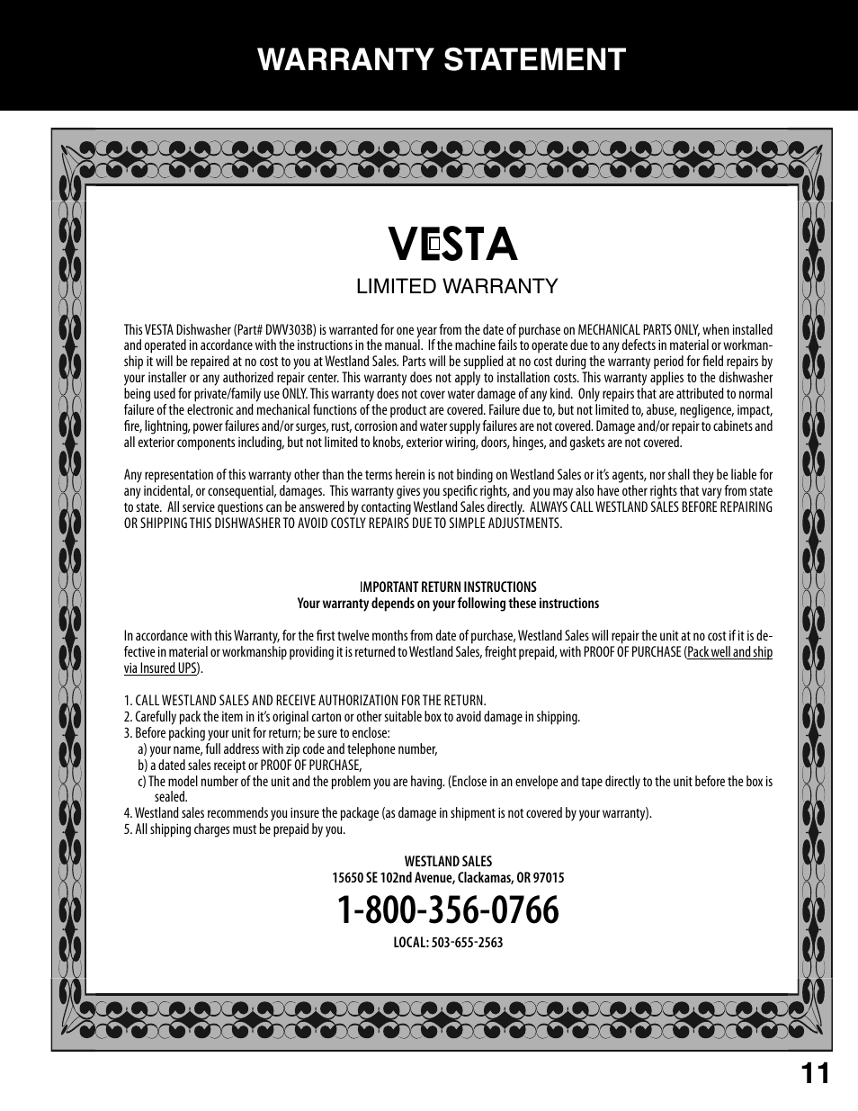 V sta, Warranty statement | Westland Sales DWV303B User Manual | Page 13 / 14