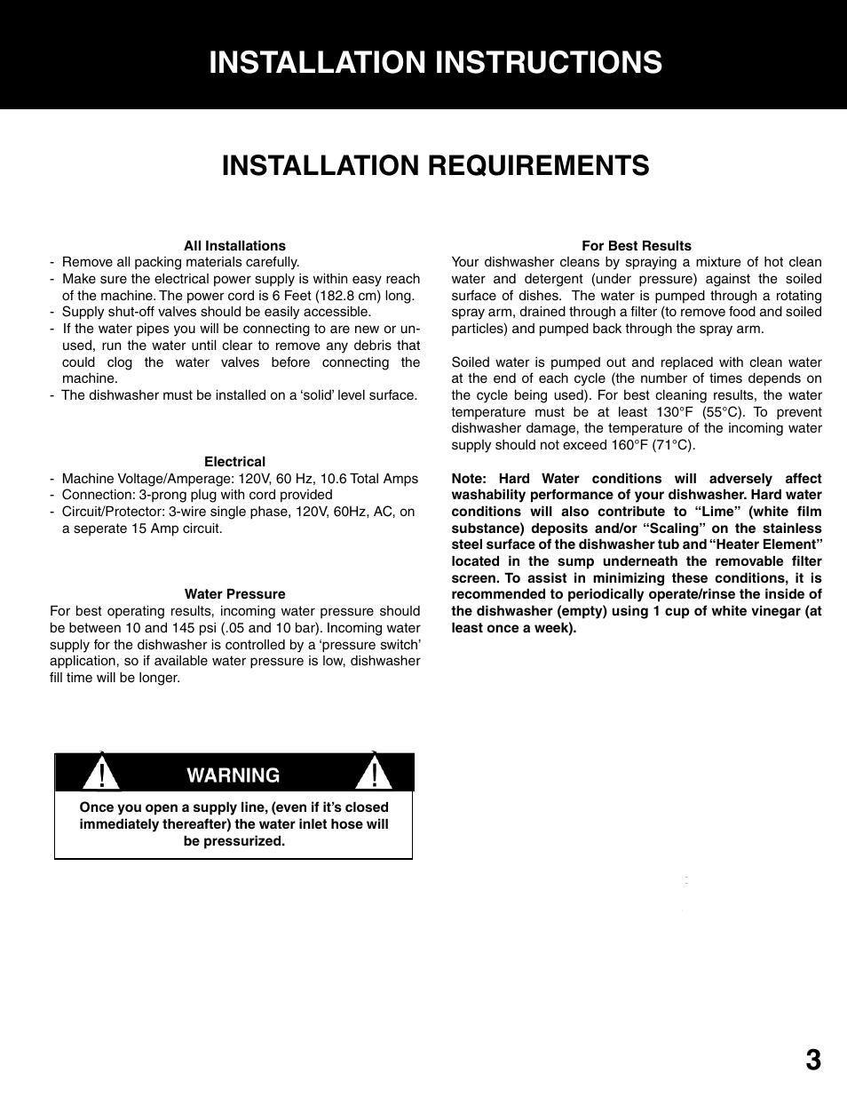 Installation instructions, Installation requirements, Warning | Westland Sales DWV303B User Manual | Page 5 / 14