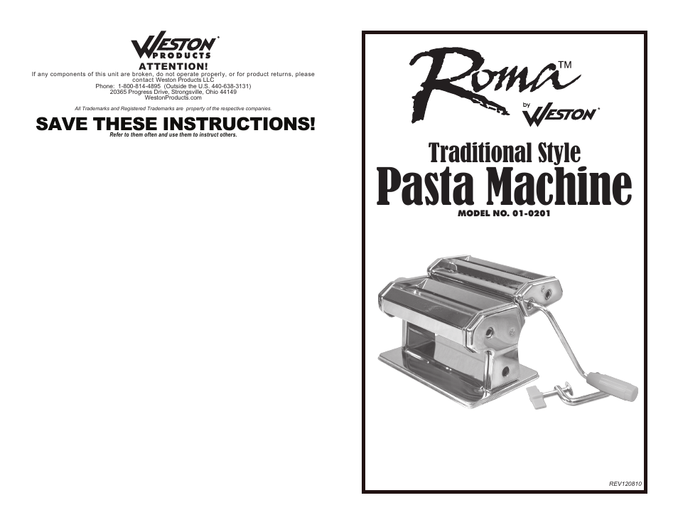 Weston Brands Roma Traditional Style Pasta Macine 01-0201 User Manual | 8 pages