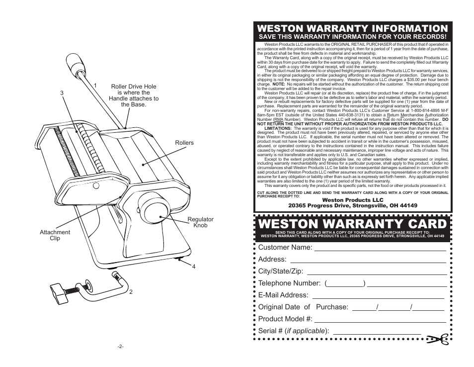 Weston warranty card, Weston warranty information | Weston Brands Roma Traditional Style Pasta Macine 01-0201 User Manual | Page 2 / 8