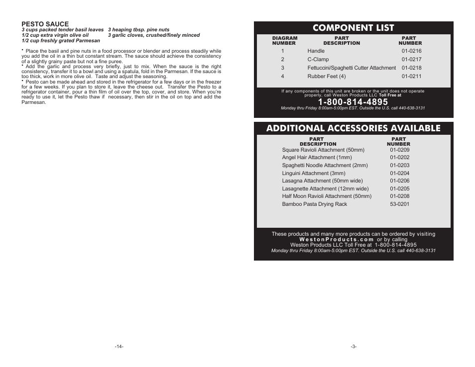 Additional accessories available component list | Weston Brands Roma Traditional Style Pasta Macine 01-0201 User Manual | Page 3 / 8