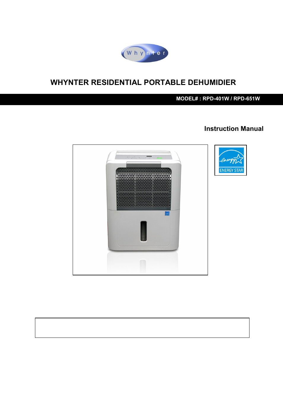 Whynter RESIDENTIAL PORTABLE DEHUMIDIER RPD-651W User Manual | 15 pages