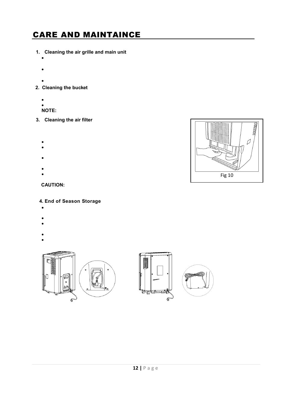 Care and maintaince | Whynter RESIDENTIAL PORTABLE DEHUMIDIER RPD-651W User Manual | Page 12 / 15