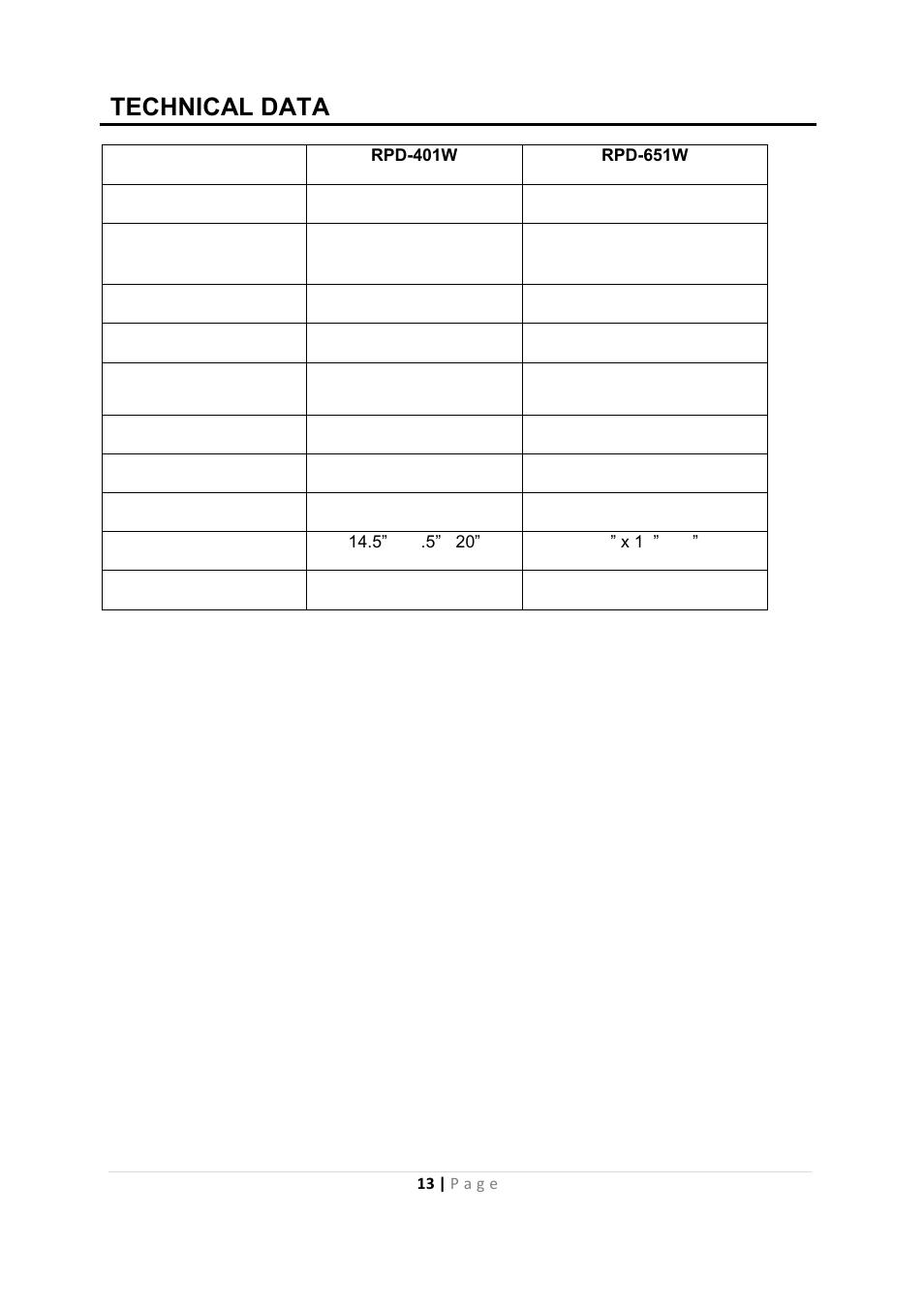 Technical data | Whynter RESIDENTIAL PORTABLE DEHUMIDIER RPD-651W User Manual | Page 13 / 15