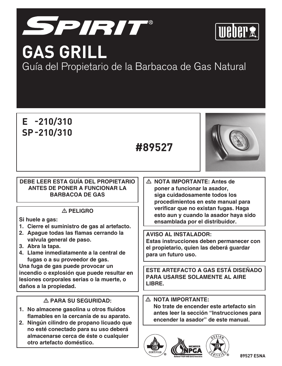 Gas grill, Guía del propietario de la barbacoa de gas natural | weber 89527 User Manual | Page 14 / 40