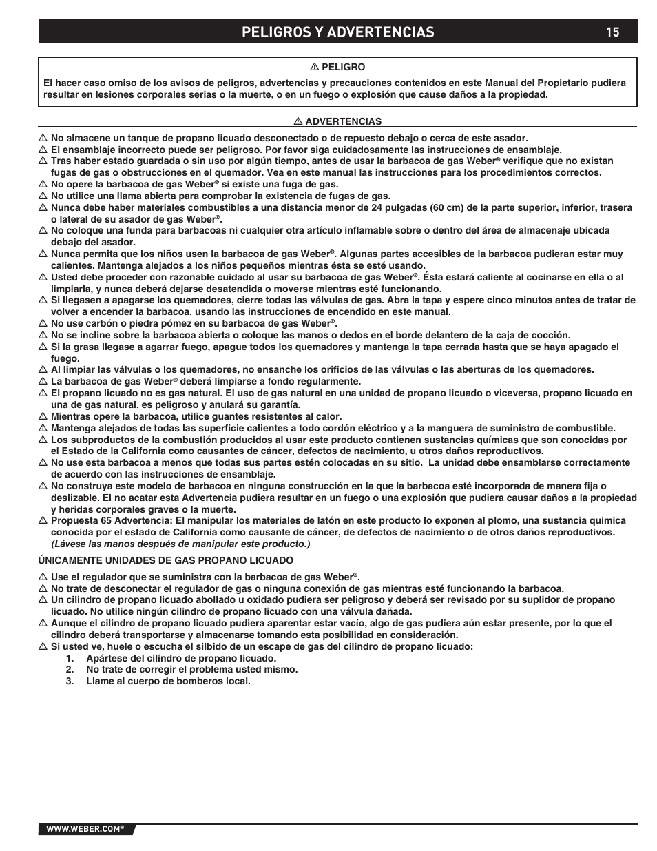 Peligros y advertencias | weber 89527 User Manual | Page 15 / 40