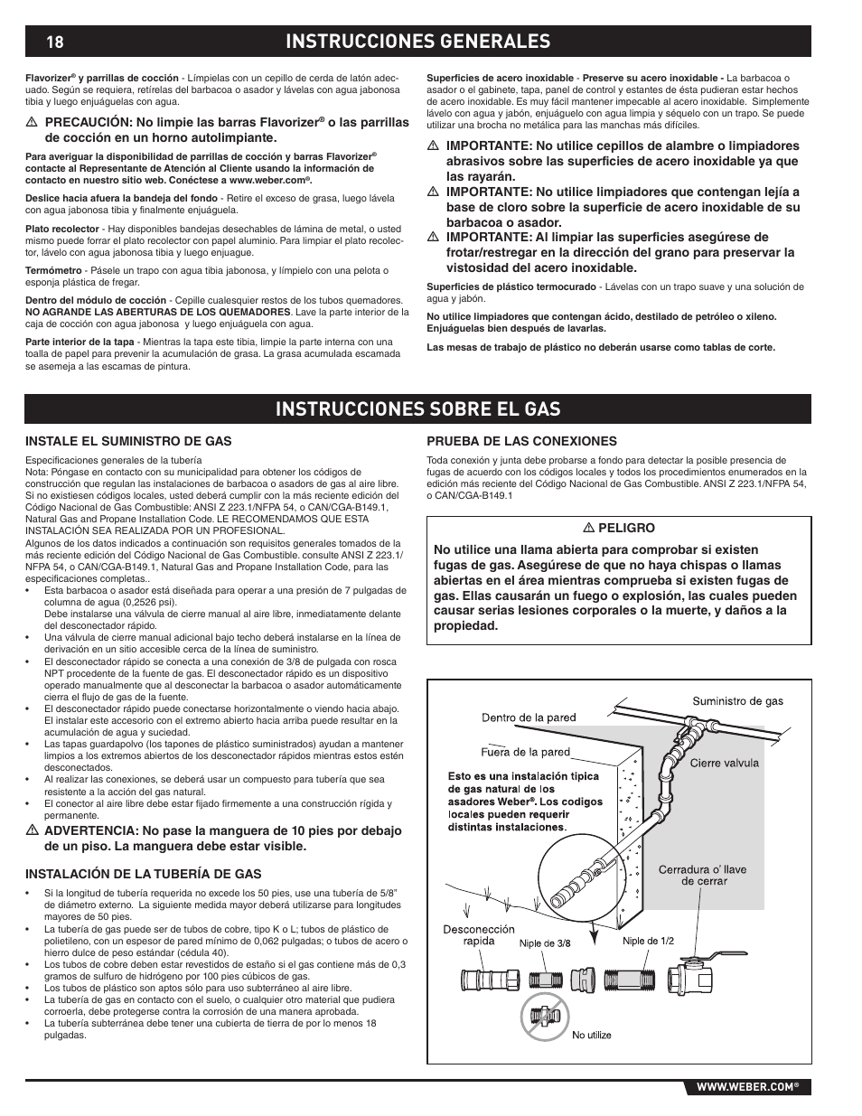 Instrucciones generales instrucciones sobre el gas | weber 89527 User Manual | Page 18 / 40