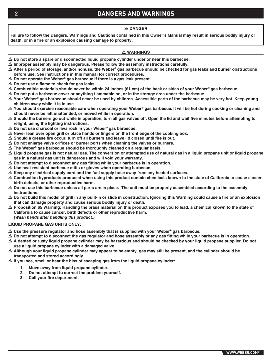 Dangers and warnings | weber 89527 User Manual | Page 2 / 40