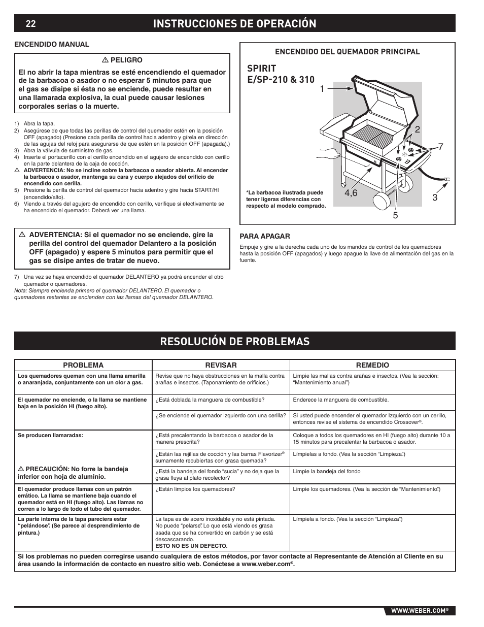 Instrucciones de operación, Resolución de problemas | weber 89527 User Manual | Page 22 / 40