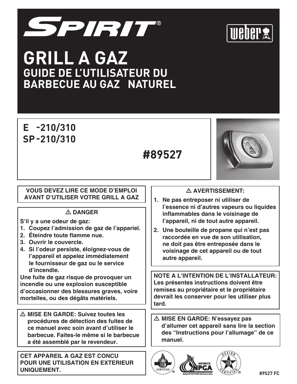 Grill a gaz, Guide de l’utilisateur du barbecue au gaz naturel | weber 89527 User Manual | Page 25 / 40