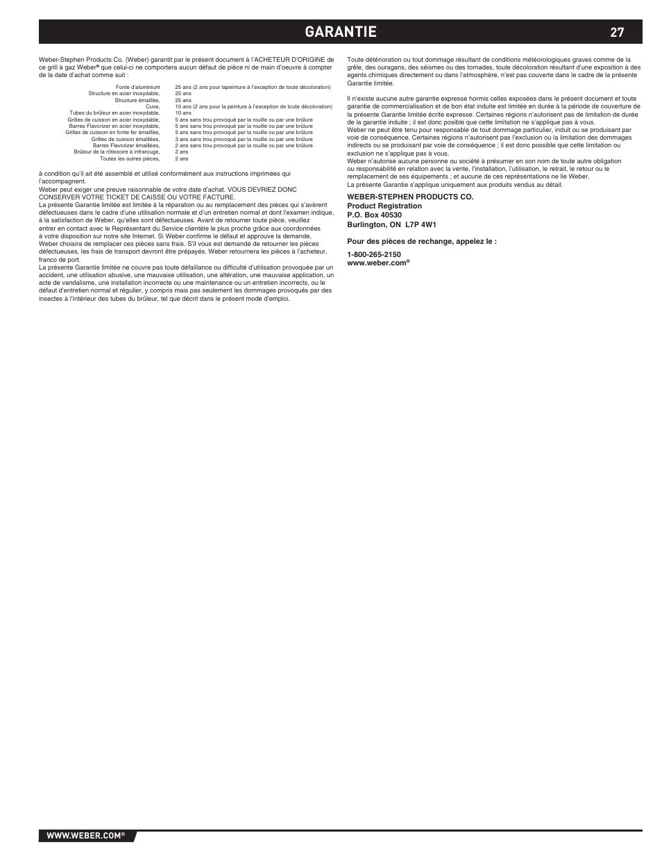 Garantie | weber 89527 User Manual | Page 27 / 40