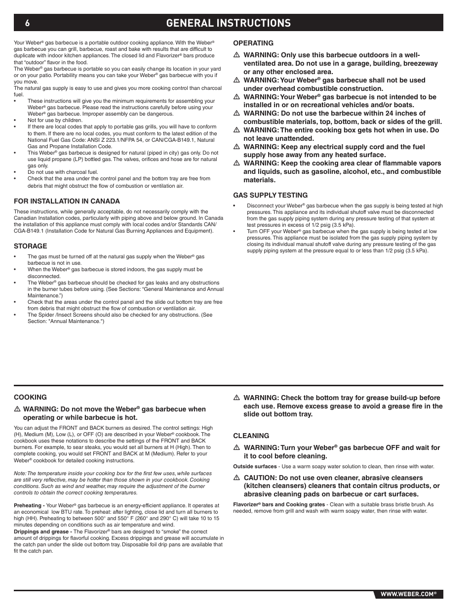 General instructions, For installation in canada, Storage | Cooking ƽ warning: do not move the weber, Cleaning ƽ warning: turn your weber | weber 89527 User Manual | Page 6 / 40