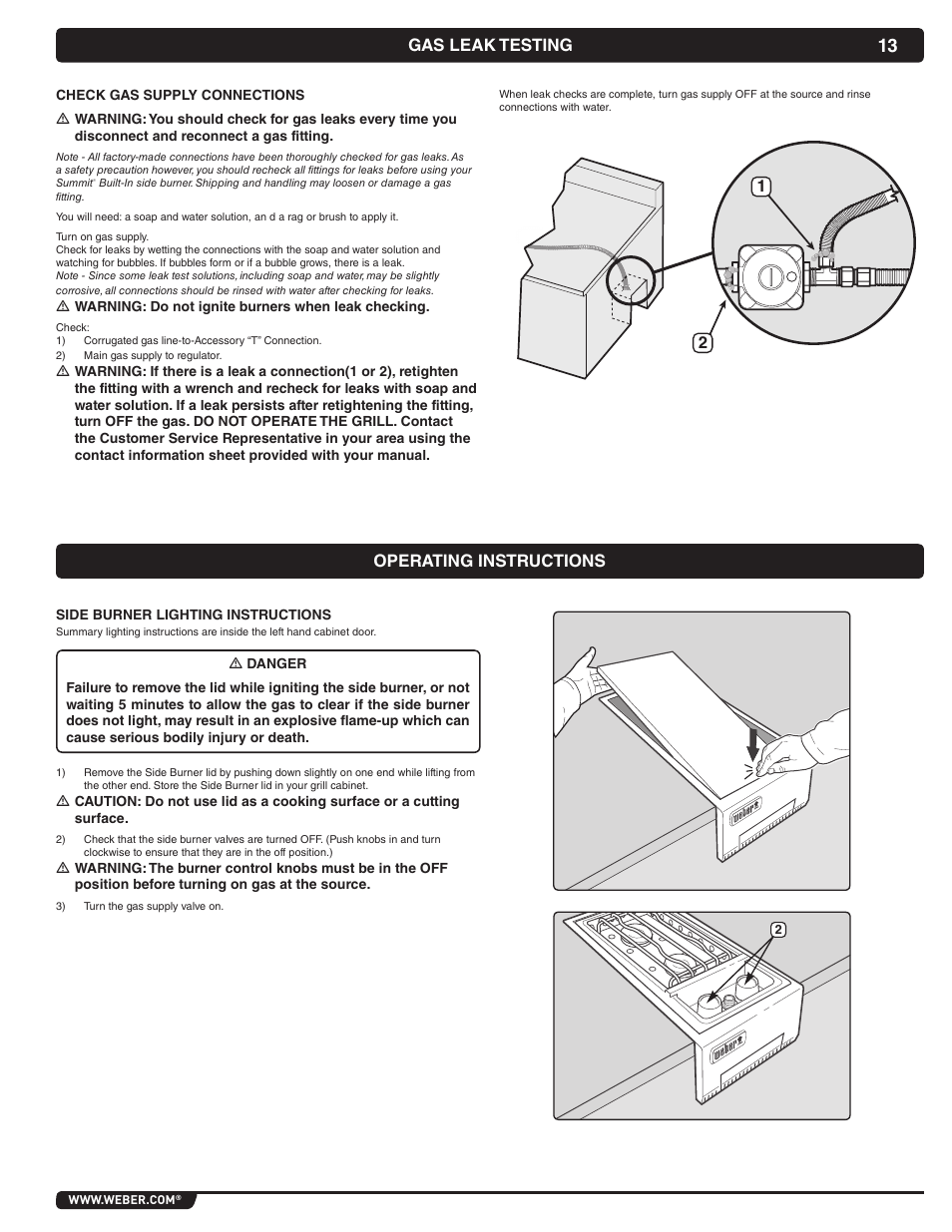 Gas leak testing, Operating instructions | weber 56070 User Manual | Page 13 / 44