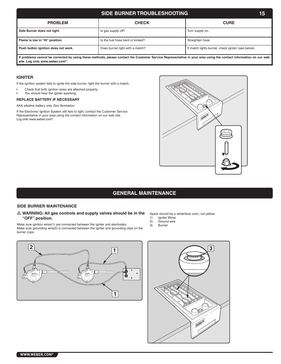 Side burner troubleshooting, General maintenance | weber 56070 User Manual | Page 15 / 44