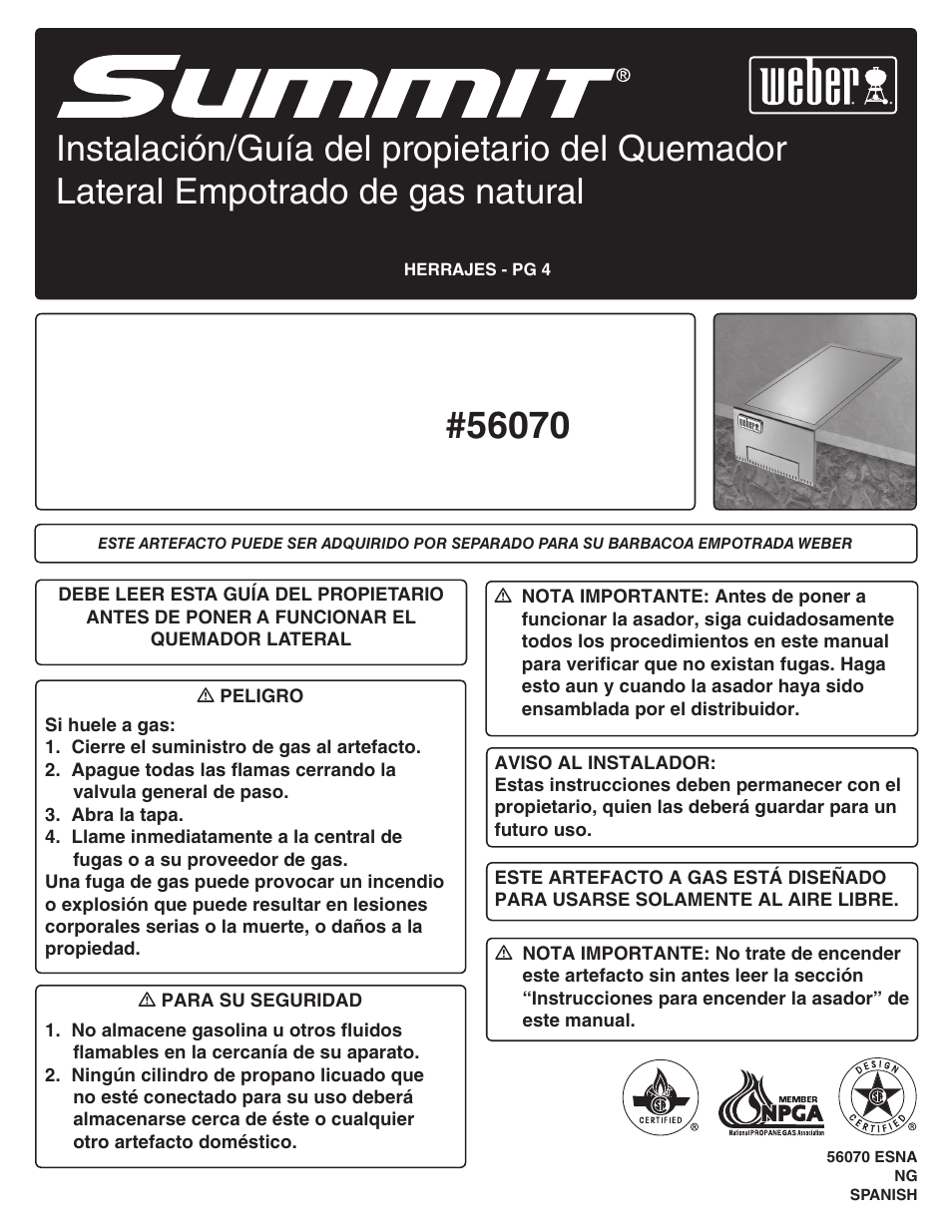 Built-in lp side burner installation/owner's guide | weber 56070 User Manual | Page 17 / 44