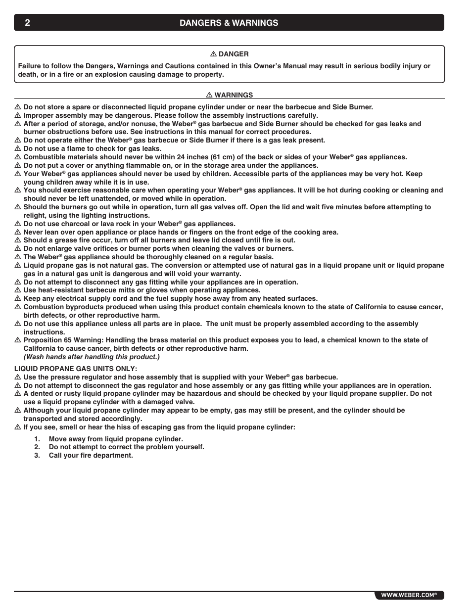 Dangers & warnings | weber 56070 User Manual | Page 2 / 44