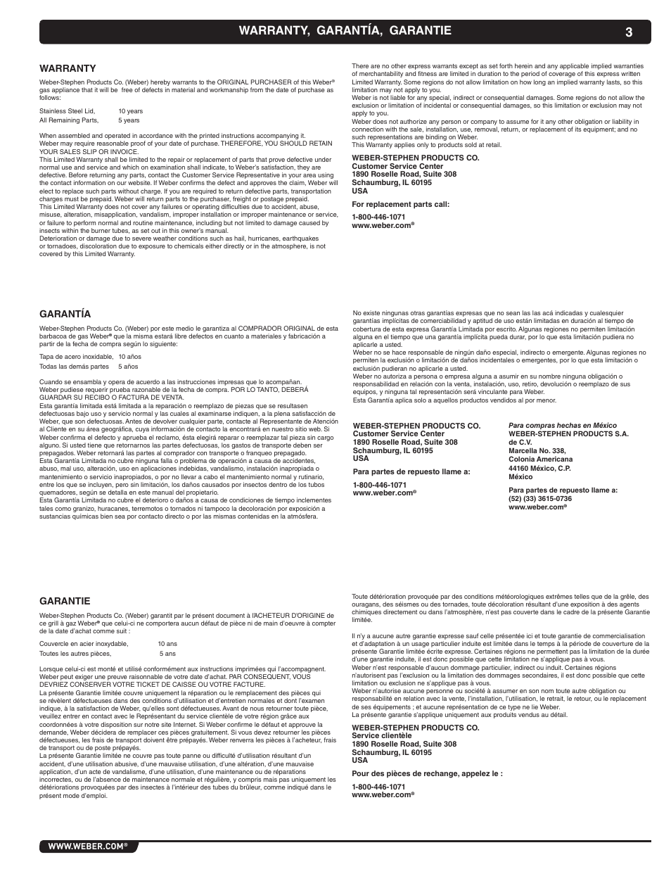 Warranty, garantía, garantie, Warranty, Garantía | Garantie | weber 56070 User Manual | Page 3 / 44